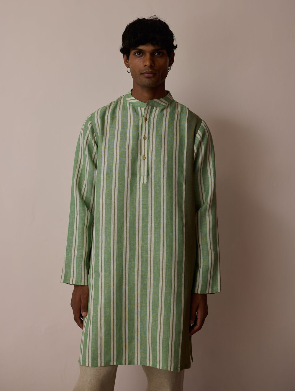 Haka Patchwork Linen Kurta - Fern
