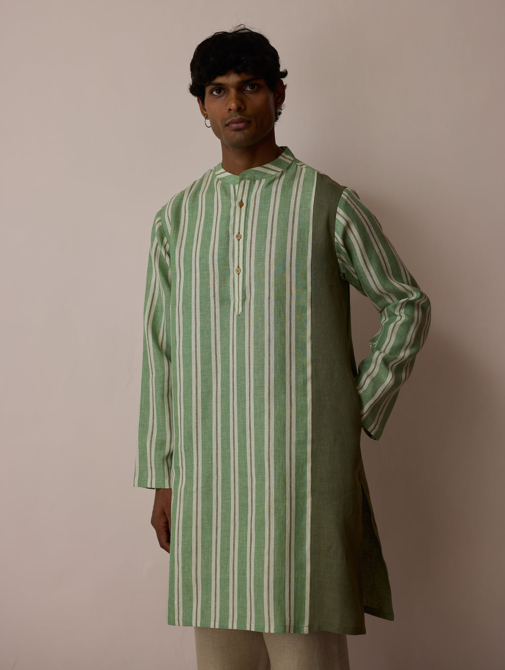 Haka Patchwork Linen Kurta - Fern