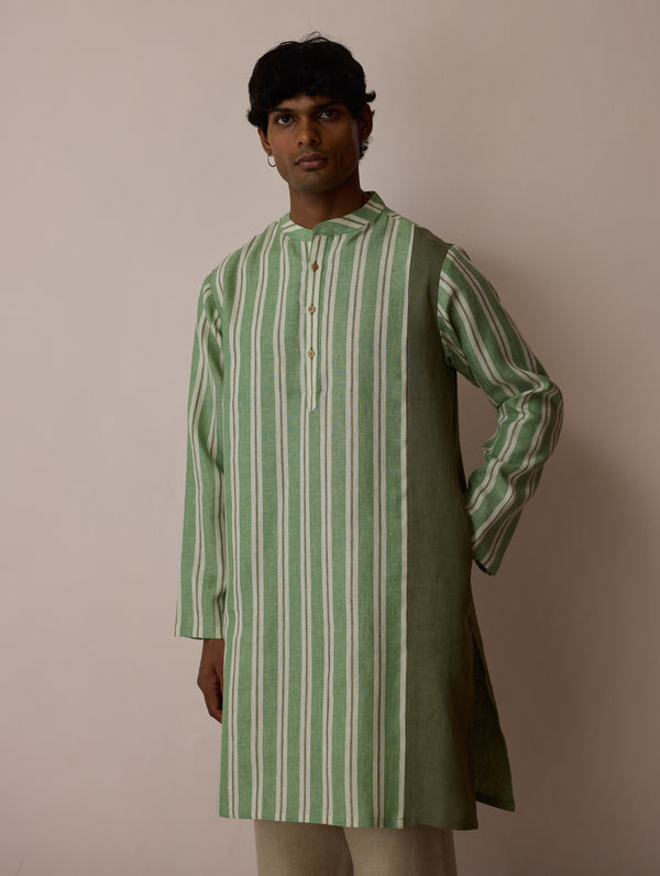 Haka Patchwork Linen Kurta - Fern