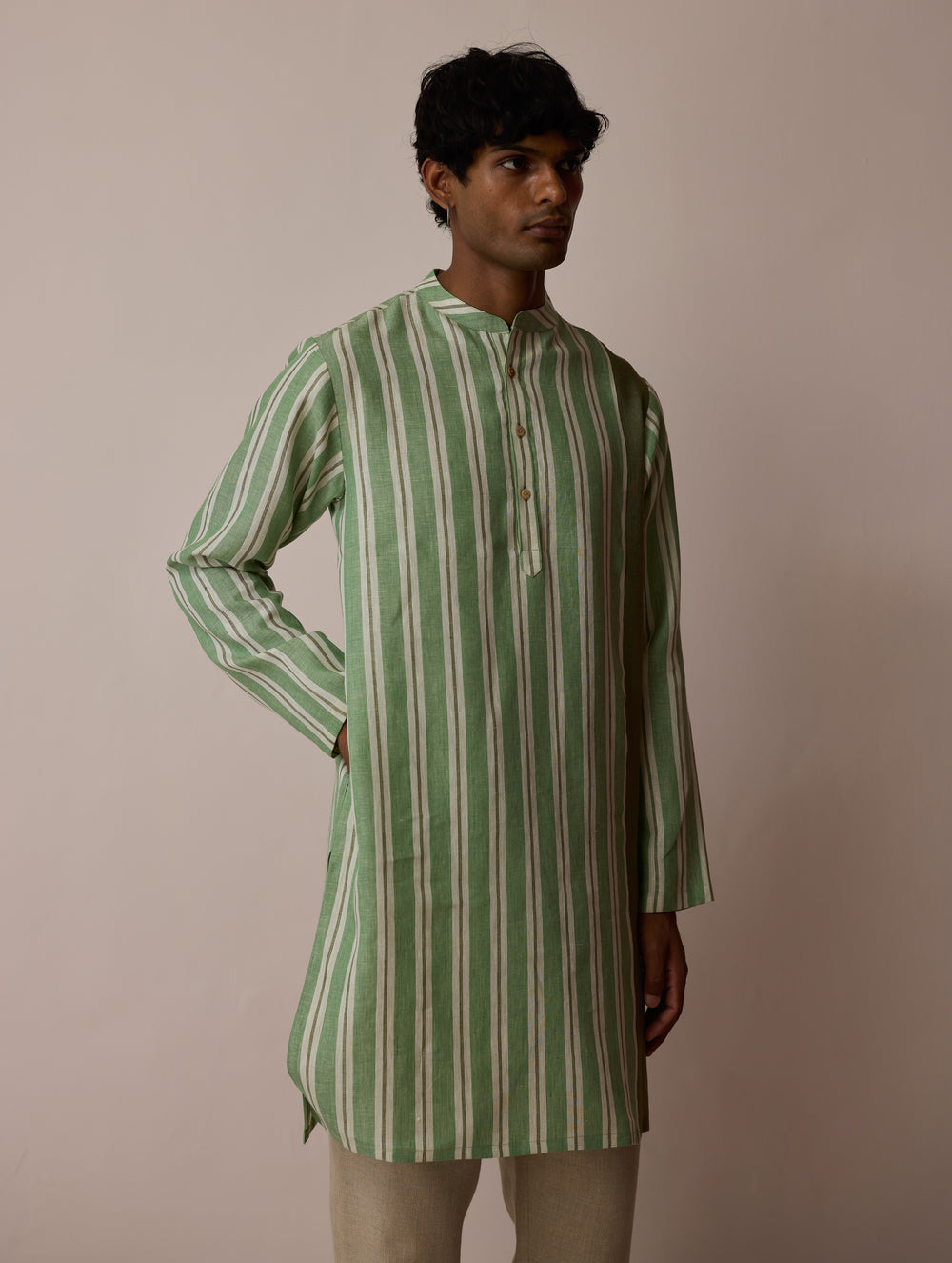 Haka Patchwork Linen Kurta - Fern