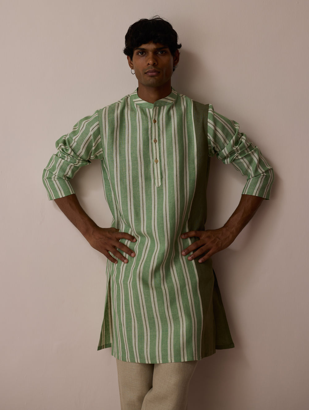 Haka Patchwork Linen Kurta - Fern