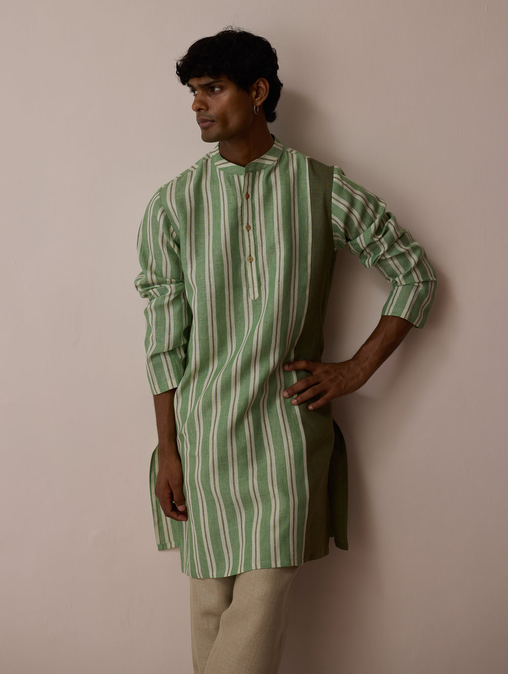 Haka Patchwork Linen Kurta - Fern