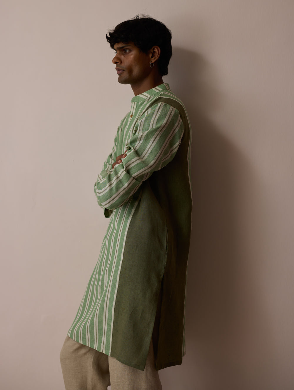 Haka Patchwork Linen Kurta - Fern