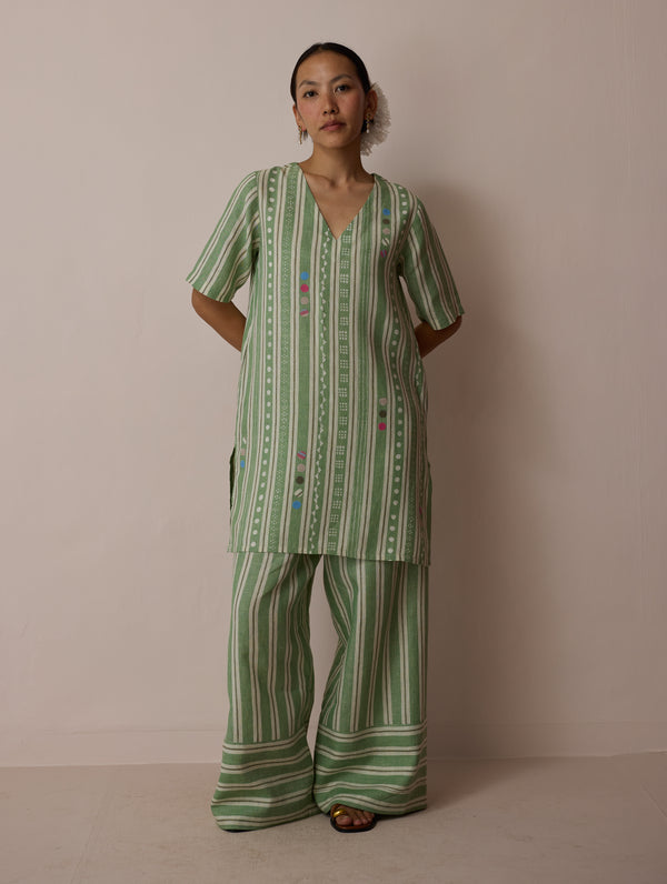 Selle Linen Stripe Applique Kurta - Fern