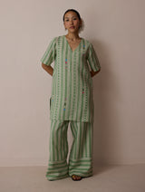 Selle Linen Stripe Applique Kurta - Fern