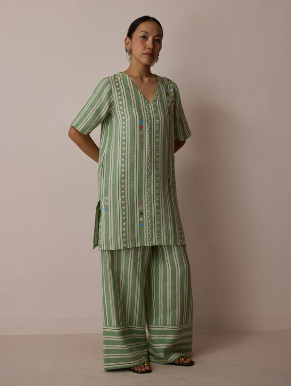 Selle Linen Stripe Applique Kurta - Fern