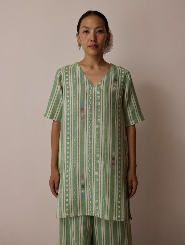 Selle Linen Stripe Applique Kurta - Fern