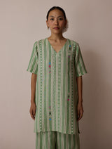Selle Linen Stripe Applique Kurta - Fern