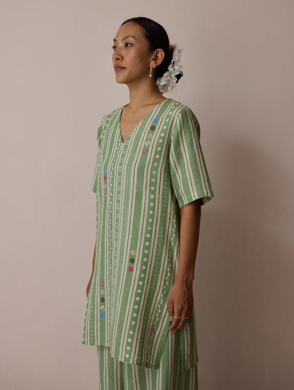 Selle Linen Stripe Applique Kurta - Fern