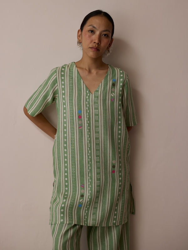 Selle Linen Stripe Applique Kurta - Fern