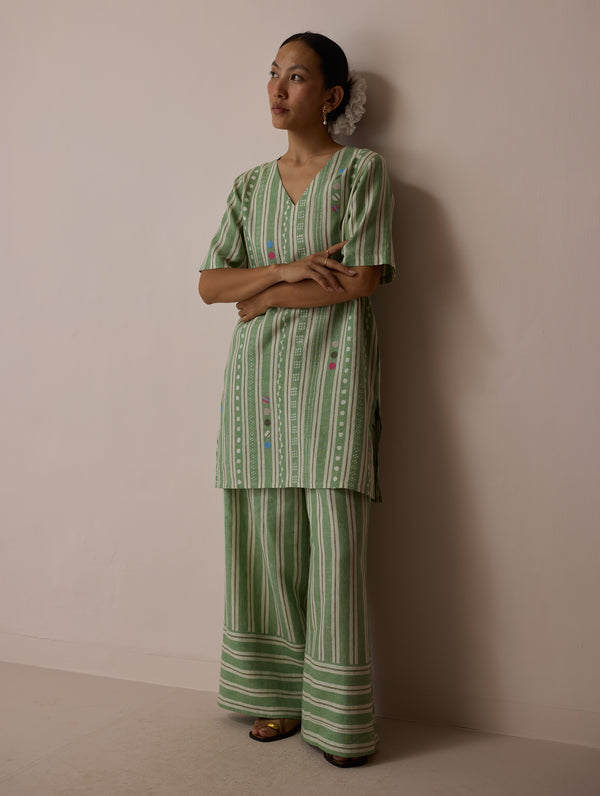 Selle Linen Stripe Applique Kurta - Fern