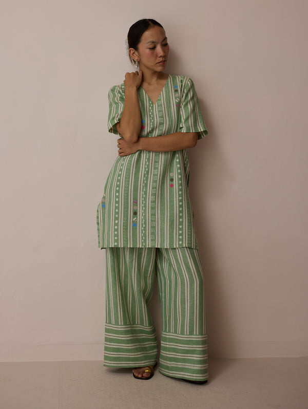 Selle Linen Stripe Applique Kurta - Fern
