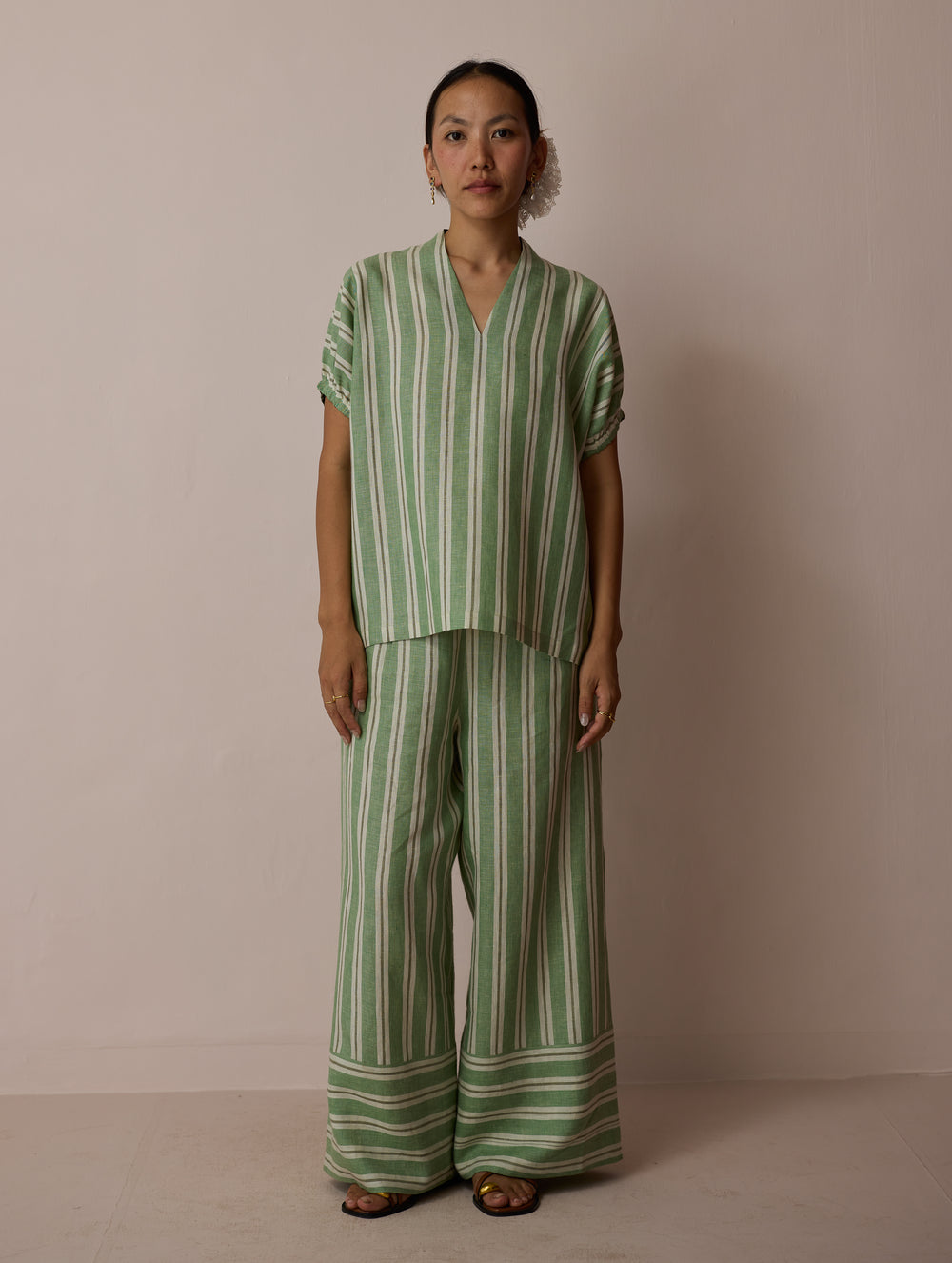 Anne V-Neck Stripe Linen Co-ord Set - Fern