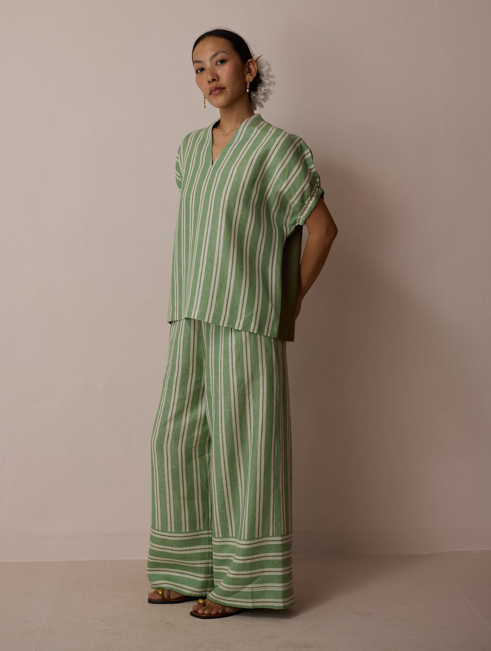 Anne V-Neck Stripe Linen Co-ord Set - Fern