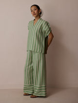 Anne V-Neck Stripe Linen Top - Fern