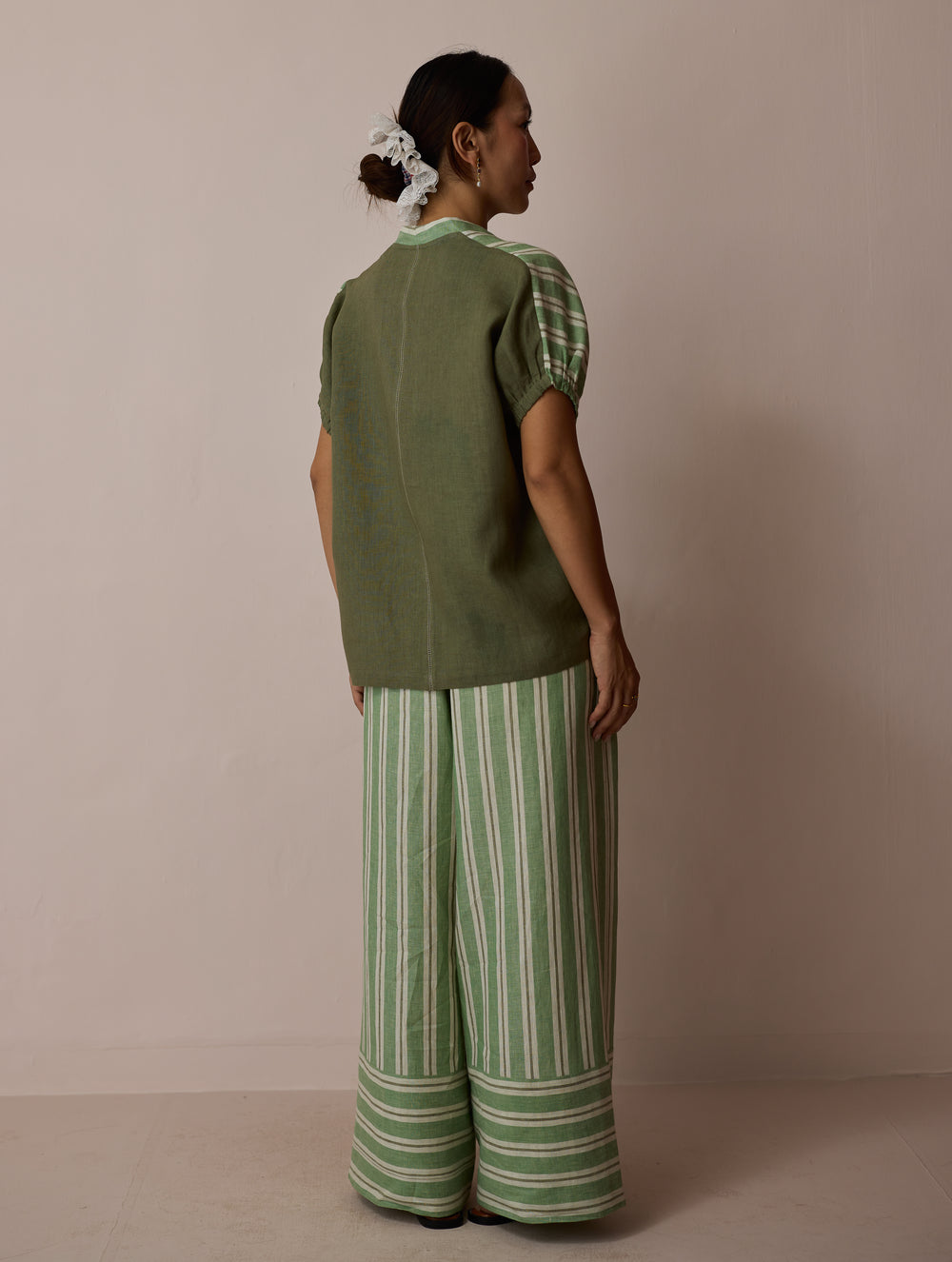 Anne V-Neck Stripe Linen Co-ord Set - Fern