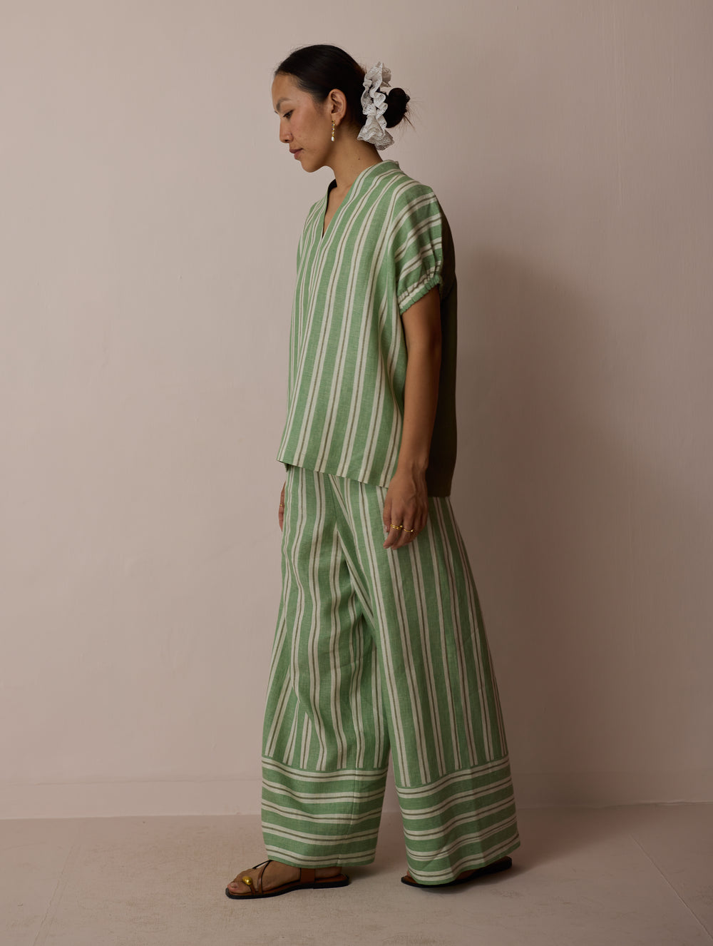 Anne V-Neck Stripe Linen Co-ord Set - Fern
