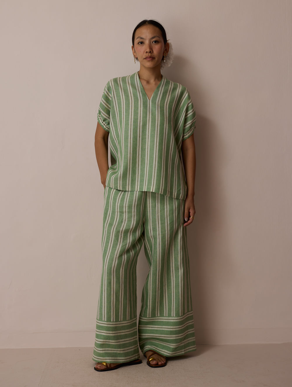 Anne V-Neck Stripe Linen Top - Fern