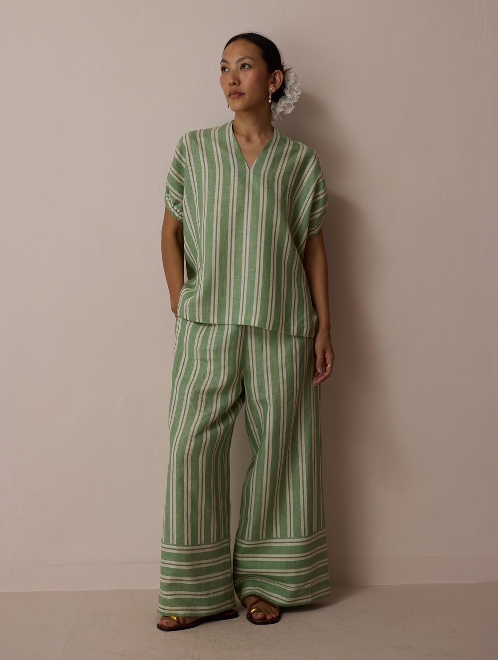 Anne V-Neck Stripe Linen Top - Fern