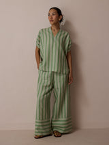 Anne V-Neck Stripe Linen Top - Fern
