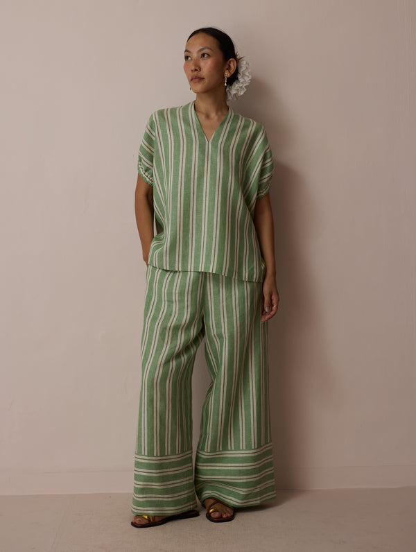 Anne V-Neck Stripe Linen Co-ord Set - Fern