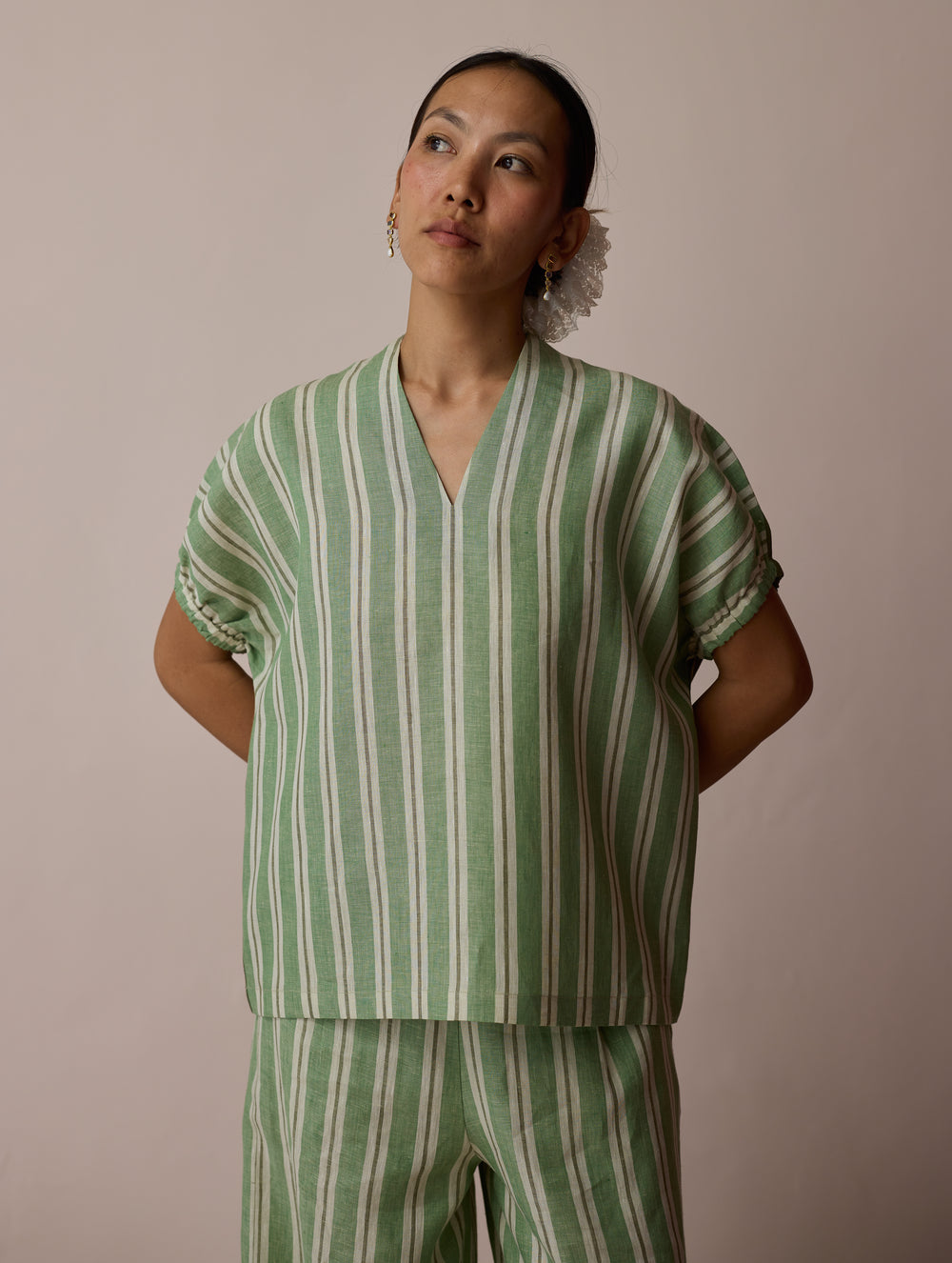 Anne V-Neck Stripe Linen Top - Fern