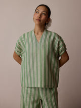 Anne V-Neck Stripe Linen Co-ord Set - Fern