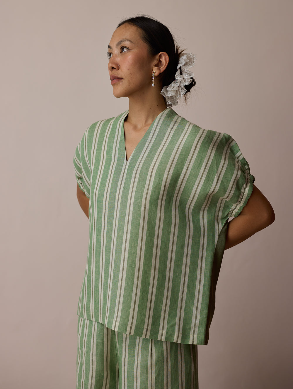 Anne V-Neck Stripe Linen Top - Fern