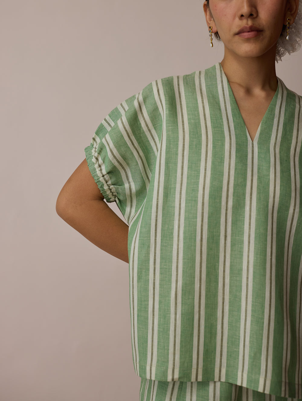 Anne V-Neck Stripe Linen Top - Fern