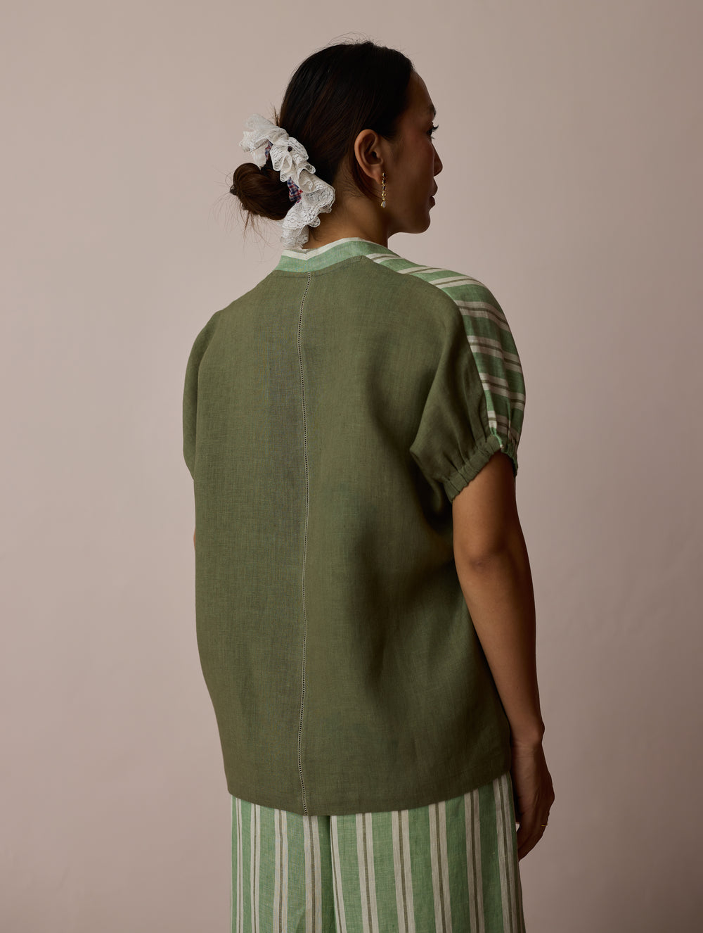 Anne V-Neck Stripe Linen Top - Fern