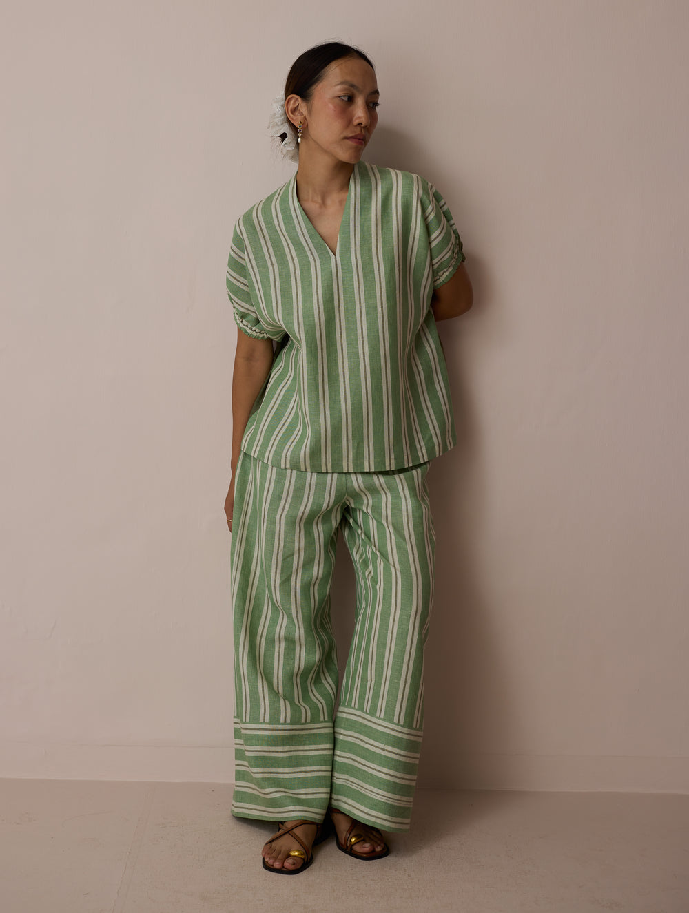 Anne V-Neck Stripe Linen Co-ord Set - Fern