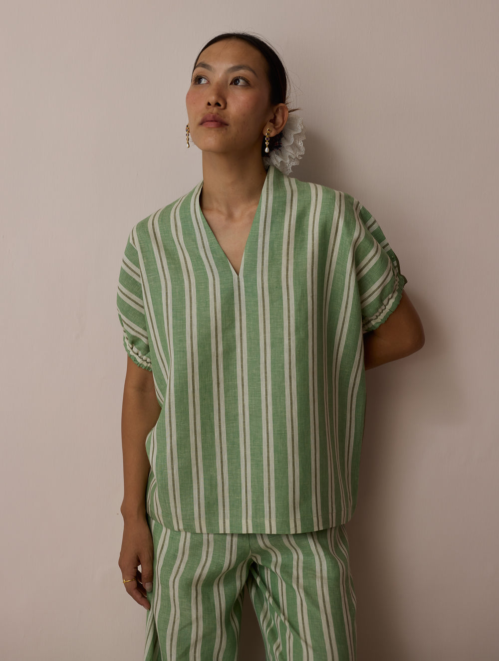 Anne V-Neck Stripe Linen Top - Fern