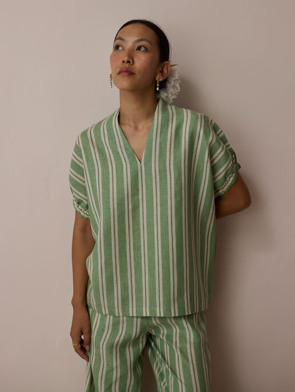 Anne V-Neck Stripe Linen Top - Fern