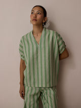 Anne V-Neck Stripe Linen Top - Fern