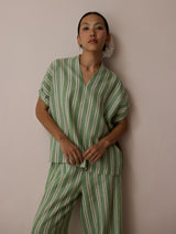 Anne V-Neck Stripe Linen Top - Fern