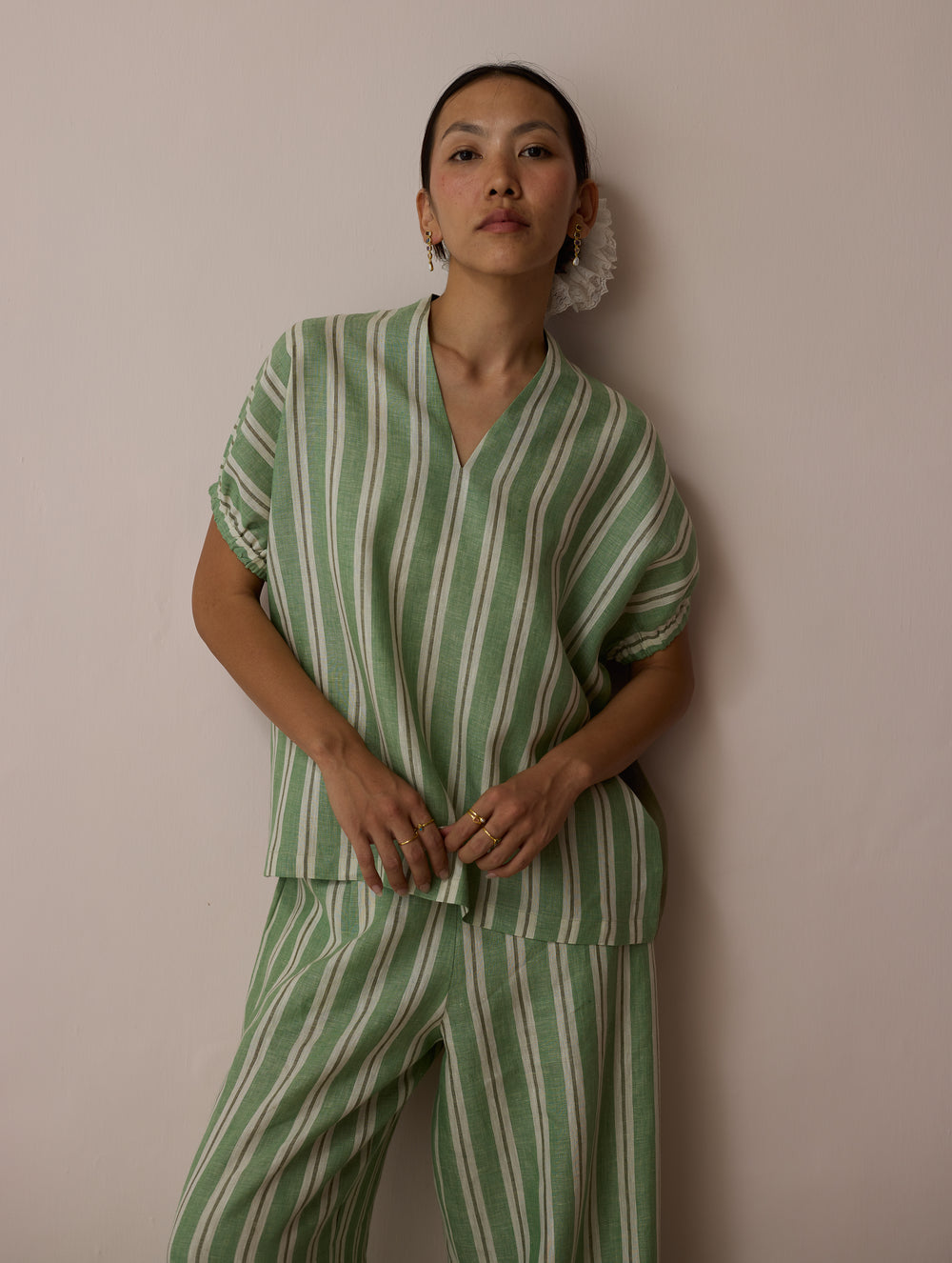 Anne V-Neck Stripe Linen Co-ord Set - Fern
