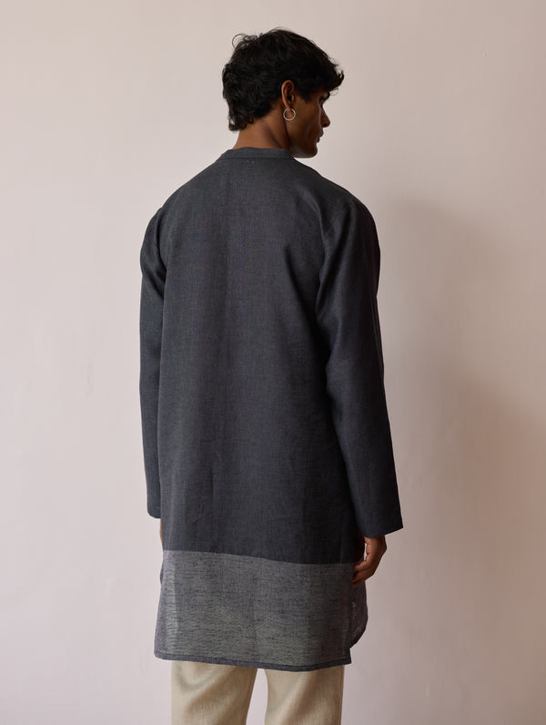 Yasi Linen Kurta with Sheer Linen Panel - Charcoal