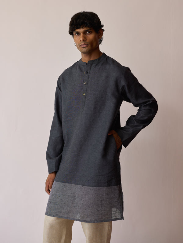 Yasi Linen Kurta with Sheer Linen Panel - Charcoal
