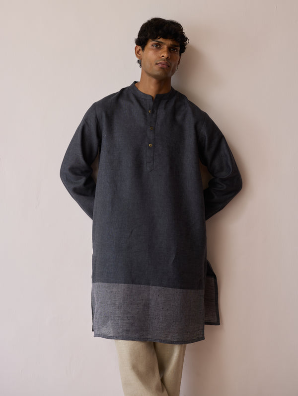Yasi Linen Kurta with Sheer Linen Panel - Charcoal