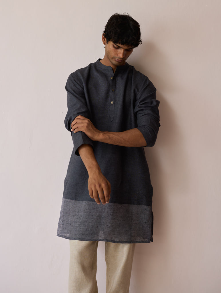 Yasi Linen Kurta with Sheer Linen Panel - Charcoal