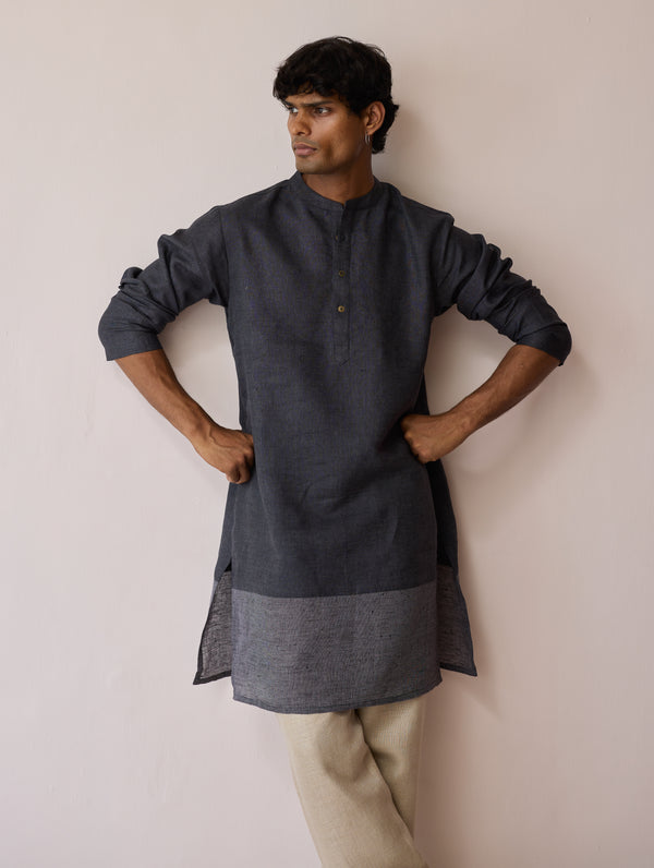 Yasi Linen Kurta with Sheer Linen Panel - Charcoal