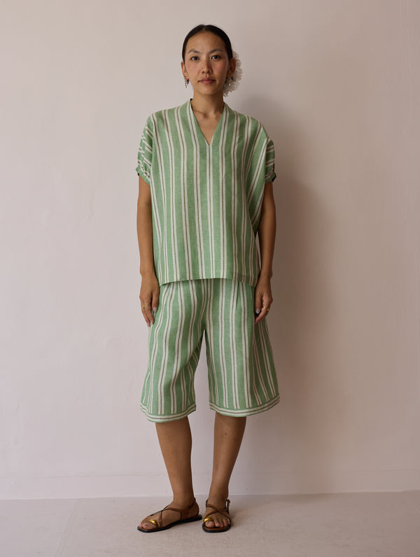 Ena Stripe Linen Jorts - Fern