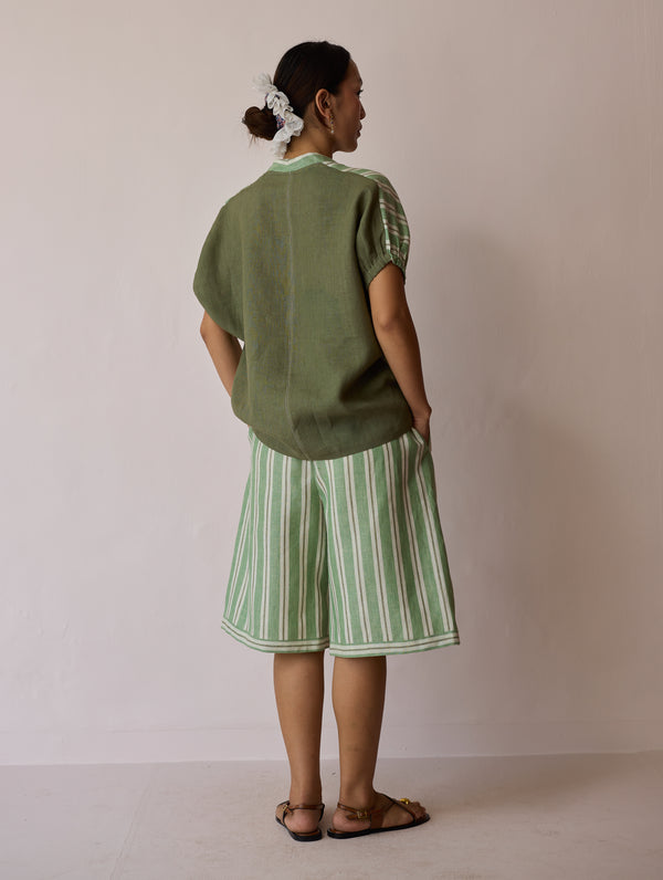Ena Stripe Linen Jorts - Fern