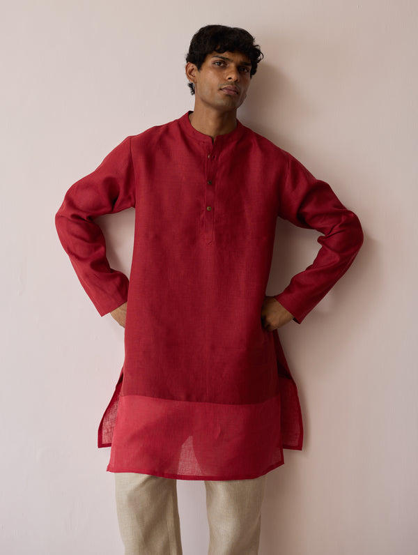 Yasi Linen Kurta with Sheer Linen Panel - Heirloom Red