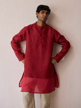 Yasi Linen Kurta with Sheer Linen Panel - Heirloom Red