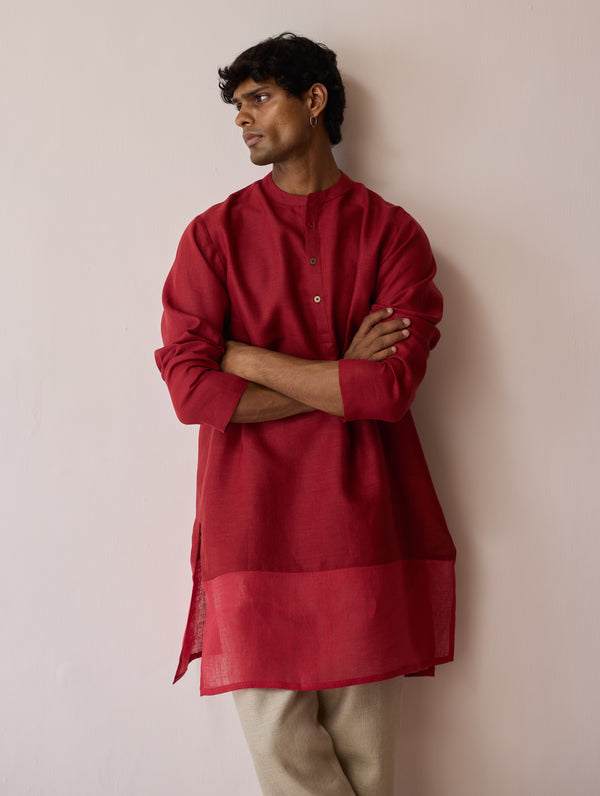 Yasi Linen Kurta with Sheer Linen Panel - Heirloom Red