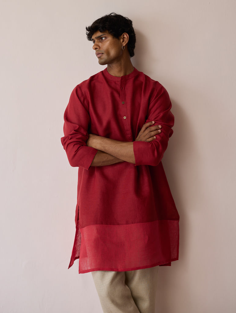 Yasi Linen Kurta with Sheer Linen Panel - Heirloom Red