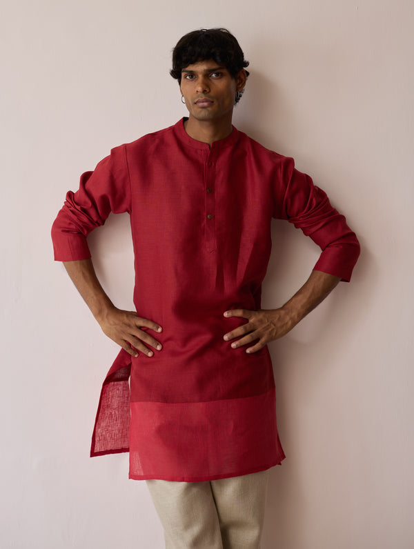 Yasi Linen Kurta with Sheer Linen Panel - Heirloom Red
