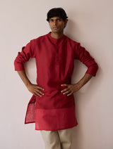 Yasi Linen Kurta with Sheer Linen Panel - Heirloom Red