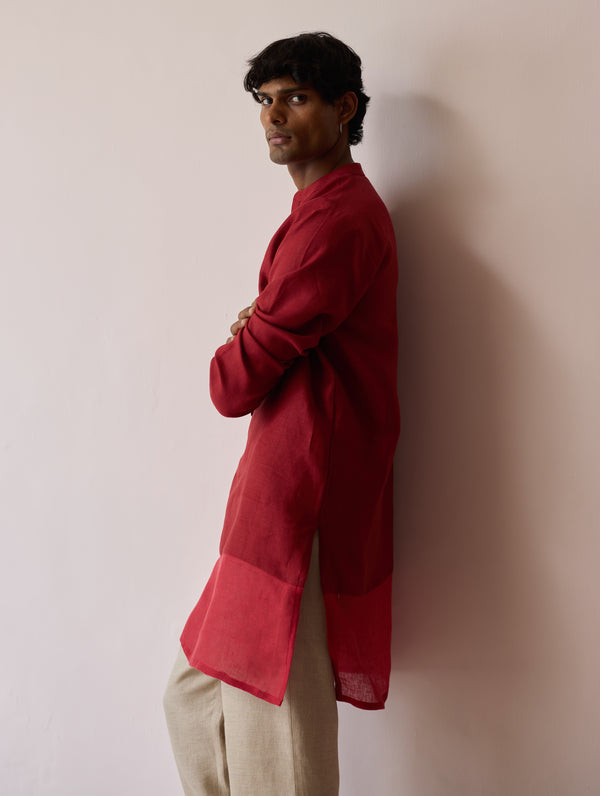 Yasi Linen Kurta with Sheer Linen Panel - Heirloom Red